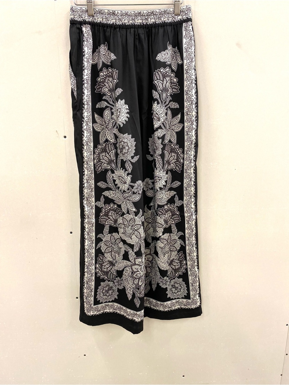 French  Black Wide Leg Pants with Cream Floral Border